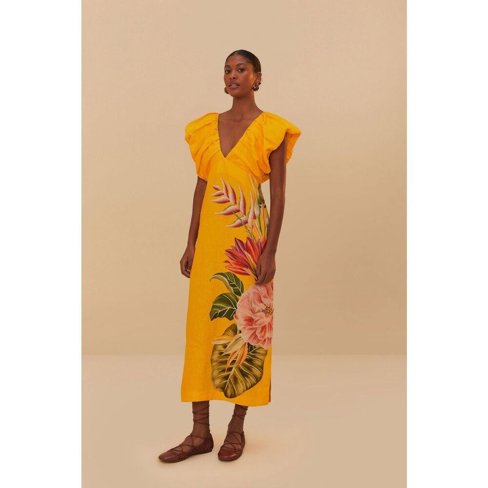 Anthropologie Farm Rio V-Neck Linen Midi Dress - Picture 5 of 13